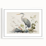 Elegant heron and egret wall art framed in white, showcasing intricate bird designs on a textured mat background, ideal for enhancing home decor.