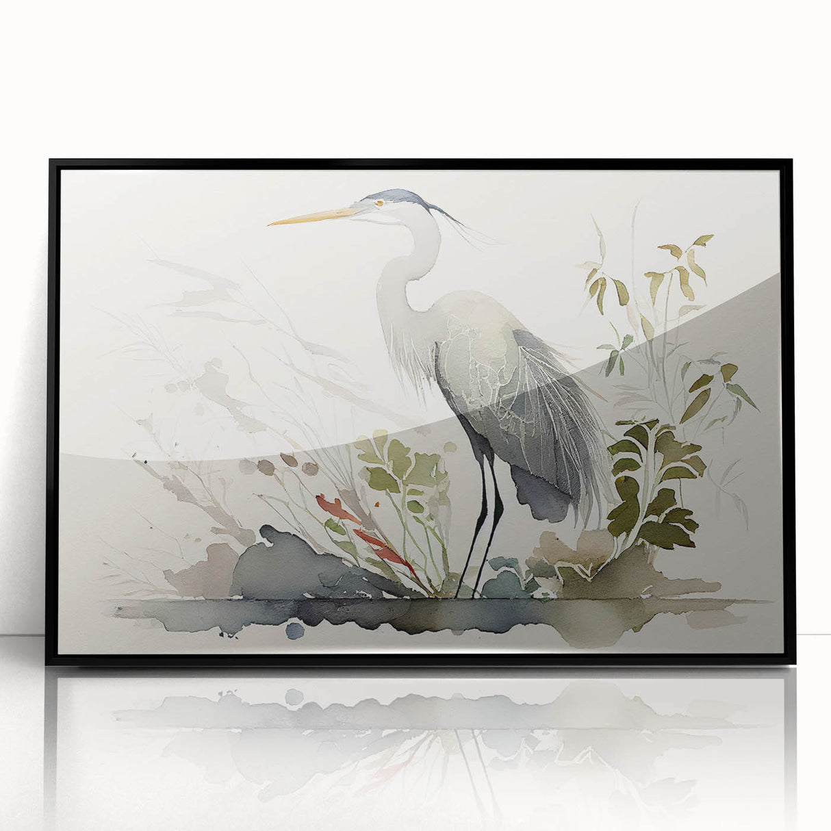 Framed wall art featuring a heron and egret design, showcasing intricate details in black and white with a sleek black frame, perfect for modern decor.