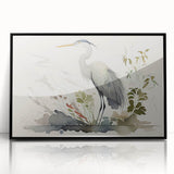 Framed wall art featuring a heron and egret design, showcasing intricate details in black and white with a sleek black frame, perfect for modern decor.