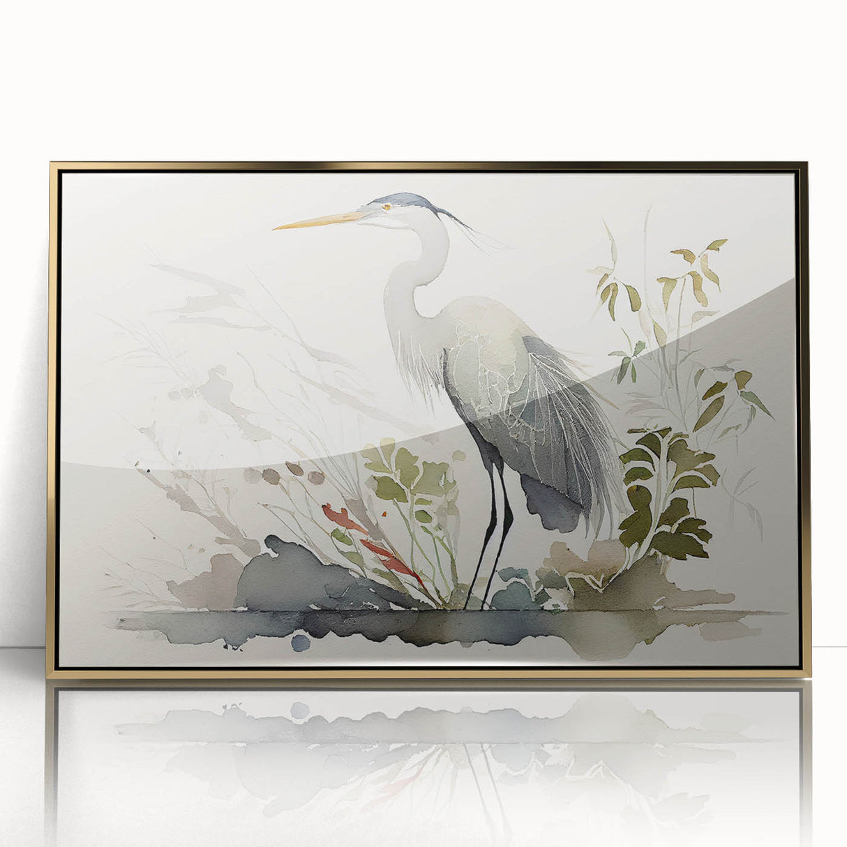 Framed wall art collection showcasing a heron and egret design, featuring gold accents and acrylic front, ideal for enhancing modern home decor.