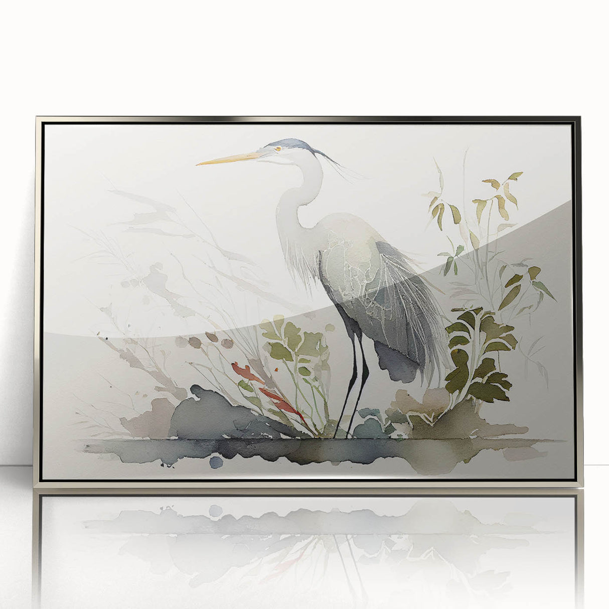Framed wall art collection showcasing a stunning heron and egret design, featuring a sleek silver frame and an acrylic front, ideal for modern decor.