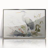 Framed wall art collection showcasing a stunning heron and egret design, featuring a sleek silver frame and an acrylic front, ideal for modern decor.