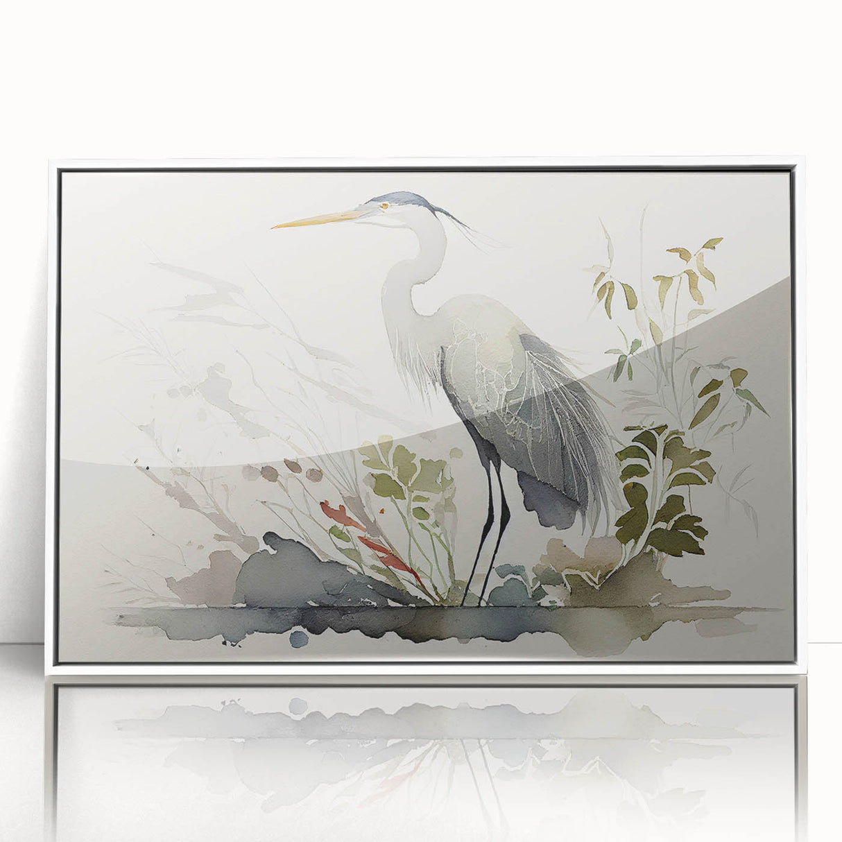 Framed wall art featuring a heron and egret design, elegantly displayed in a white frame, ideal for enhancing modern home decor with nature-inspired elements.