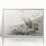 Framed wall art featuring a heron and egret design, elegantly displayed in a white frame, ideal for enhancing modern home decor with nature-inspired elements.