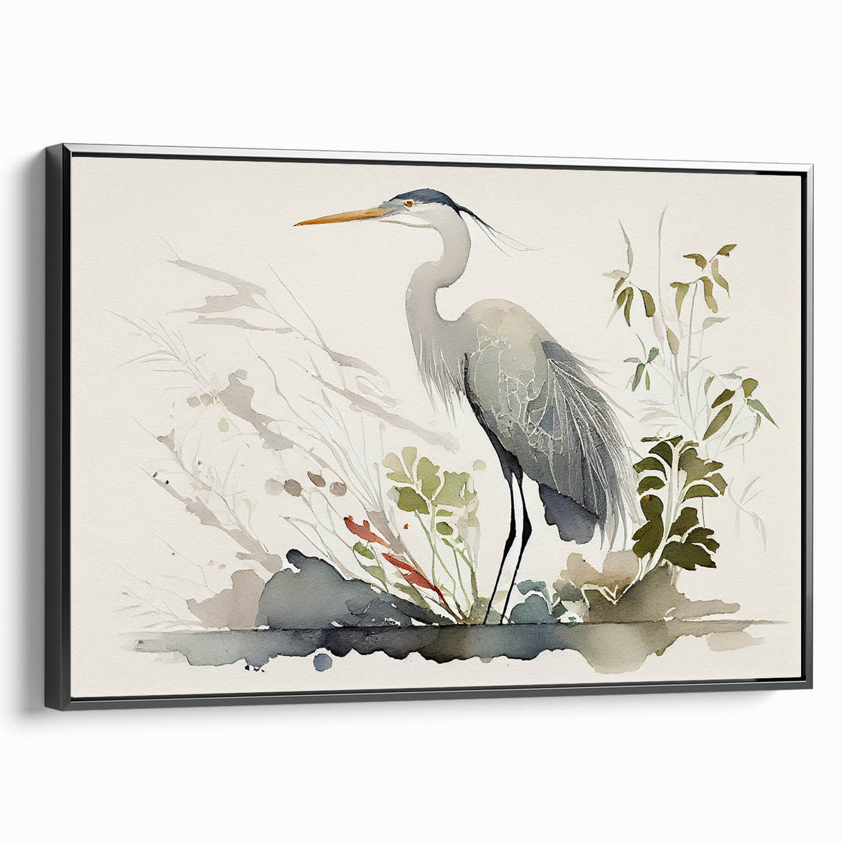 Framed wall art featuring a black heron and egret design on textured canvas, showcasing elegant bird silhouettes against a neutral background, perfect for home decor.