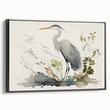Framed wall art featuring a black heron and egret design on textured canvas, showcasing elegant bird silhouettes against a neutral background, perfect for home decor.