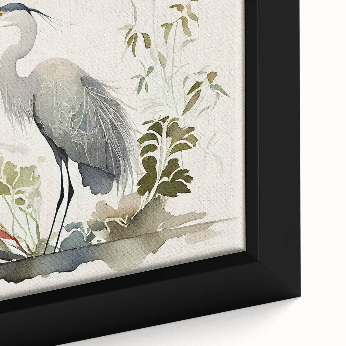 Close-up of a framed canvas wall art collection showcasing a heron and egret design, featuring vibrant colors and intricate details, perfect for nature lovers and home decor enthusiasts.
