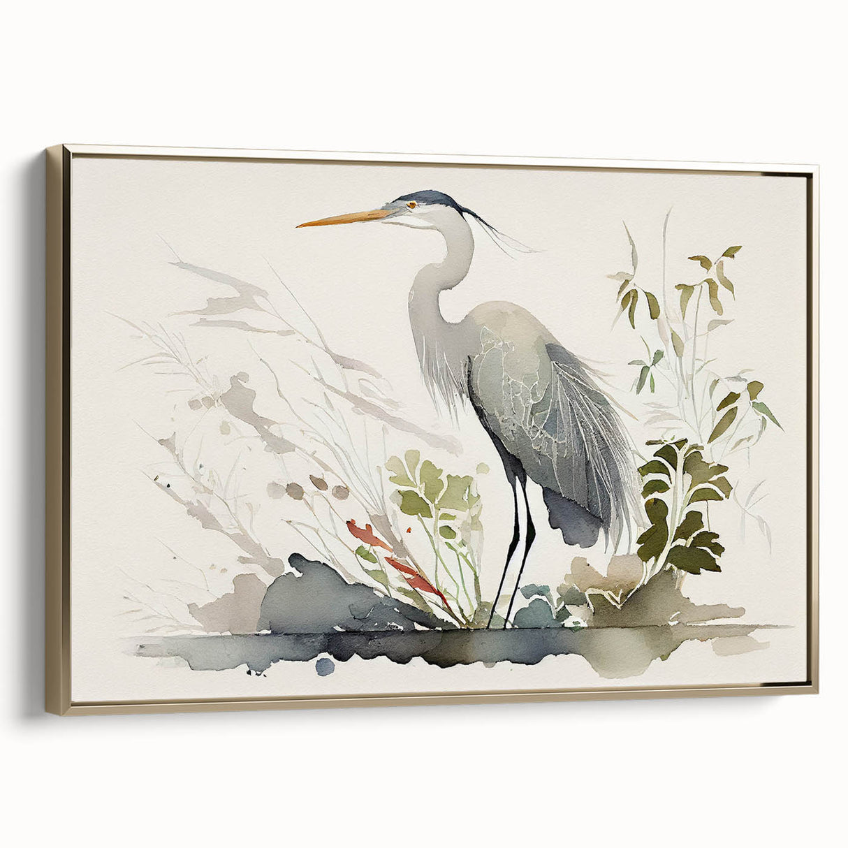 Framed wall art featuring a gold-accented side view of a heron and egret design, ideal for enhancing modern home decor with nature-inspired elegance.