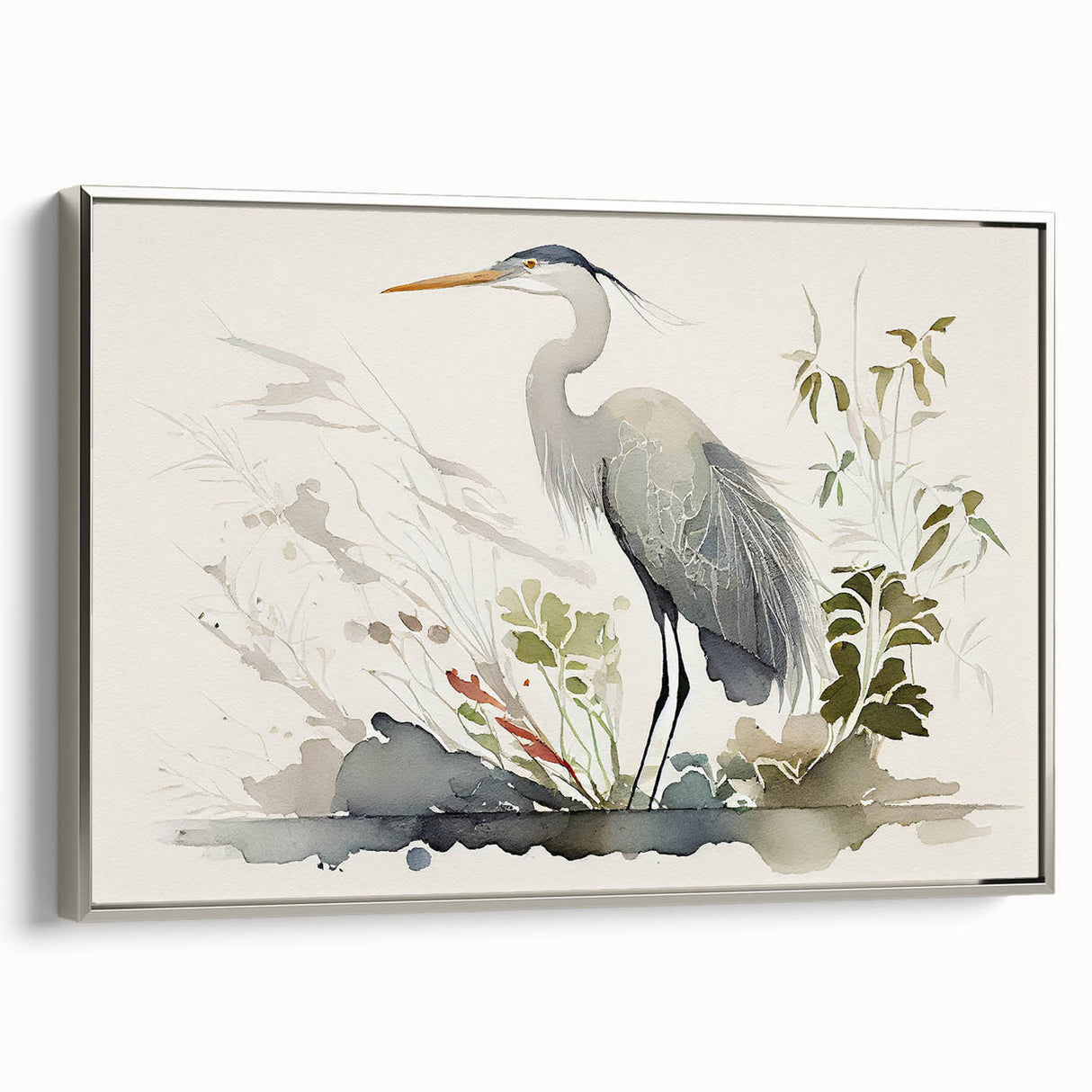 Framed wall art collection showcasing a heron and egret design on canvas, featuring a sleek silver frame. Perfect for enhancing modern home decor with elegant bird imagery.