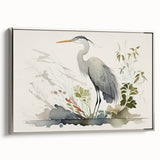 Framed wall art collection showcasing a heron and egret design on canvas, featuring a sleek silver frame. Perfect for enhancing modern home decor with elegant bird imagery.