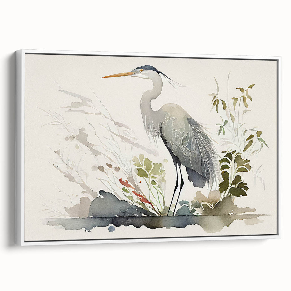 Framed wall art collection showcasing a serene heron and egret design on canvas, featuring a white frame and side view, perfect for nature-inspired decor.