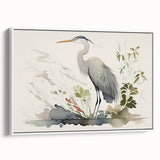 Framed wall art collection showcasing a serene heron and egret design on canvas, featuring a white frame and side view, perfect for nature-inspired decor.