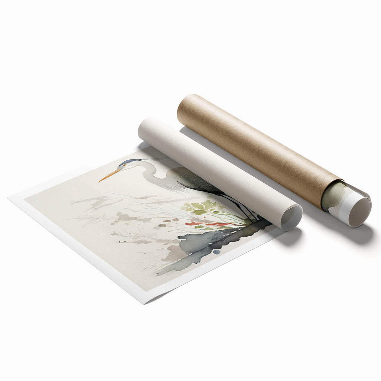 Elegant rolled print showcasing a heron and egret design in vibrant colors, perfect for nature-inspired home decor. Ideal for adding a touch of tranquility to any space.