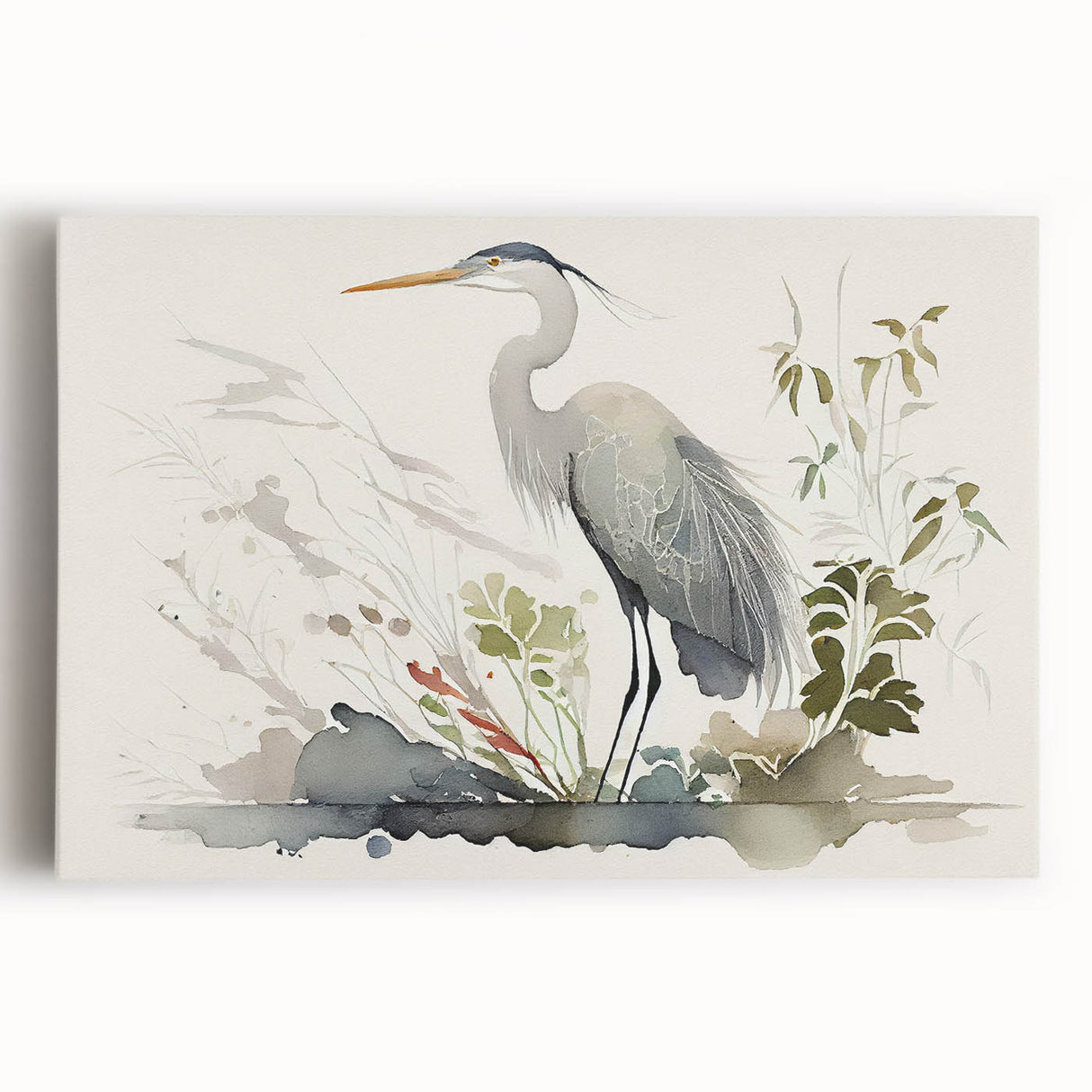 Elegant stretched canvas wall art featuring a serene heron and egret design, showcasing vibrant colors and intricate details, perfect for enhancing home decor.