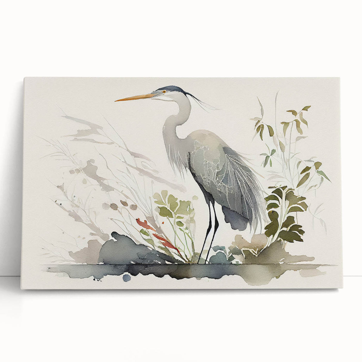 Elegant wall art featuring a heron and egret design on stretched canvas, showcasing vibrant colors and intricate details, perfect for nature-themed decor.