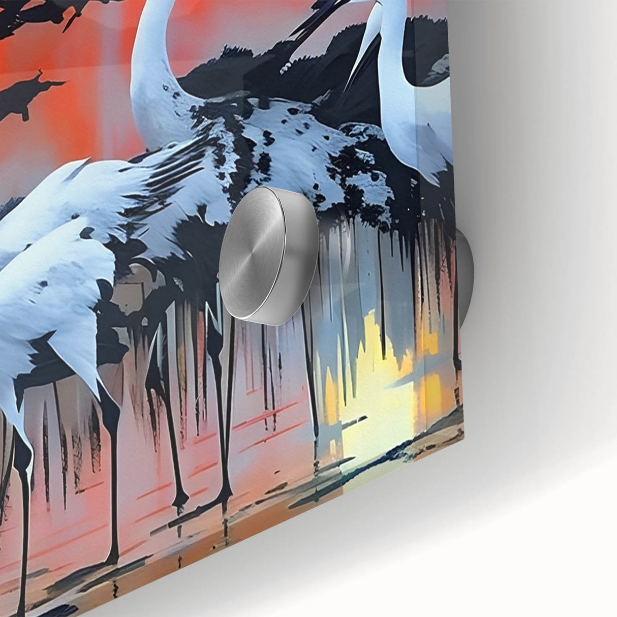 Close-up of a vibrant wall art piece showcasing a heron and egret design, printed on acrylic glass with intricate details, ideal for enhancing modern decor.