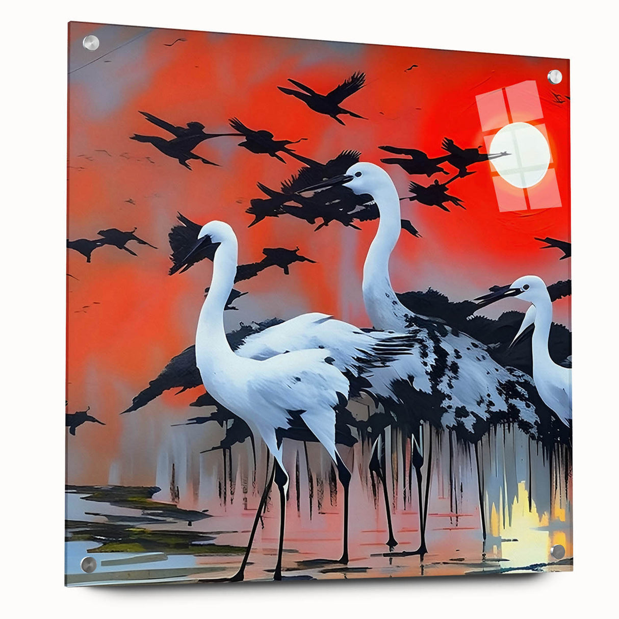 Side view of a collection of wall art featuring herons and egrets, elegantly displayed with acrylic glass and pins, ideal for enhancing home decor with nature-inspired aesthetics.