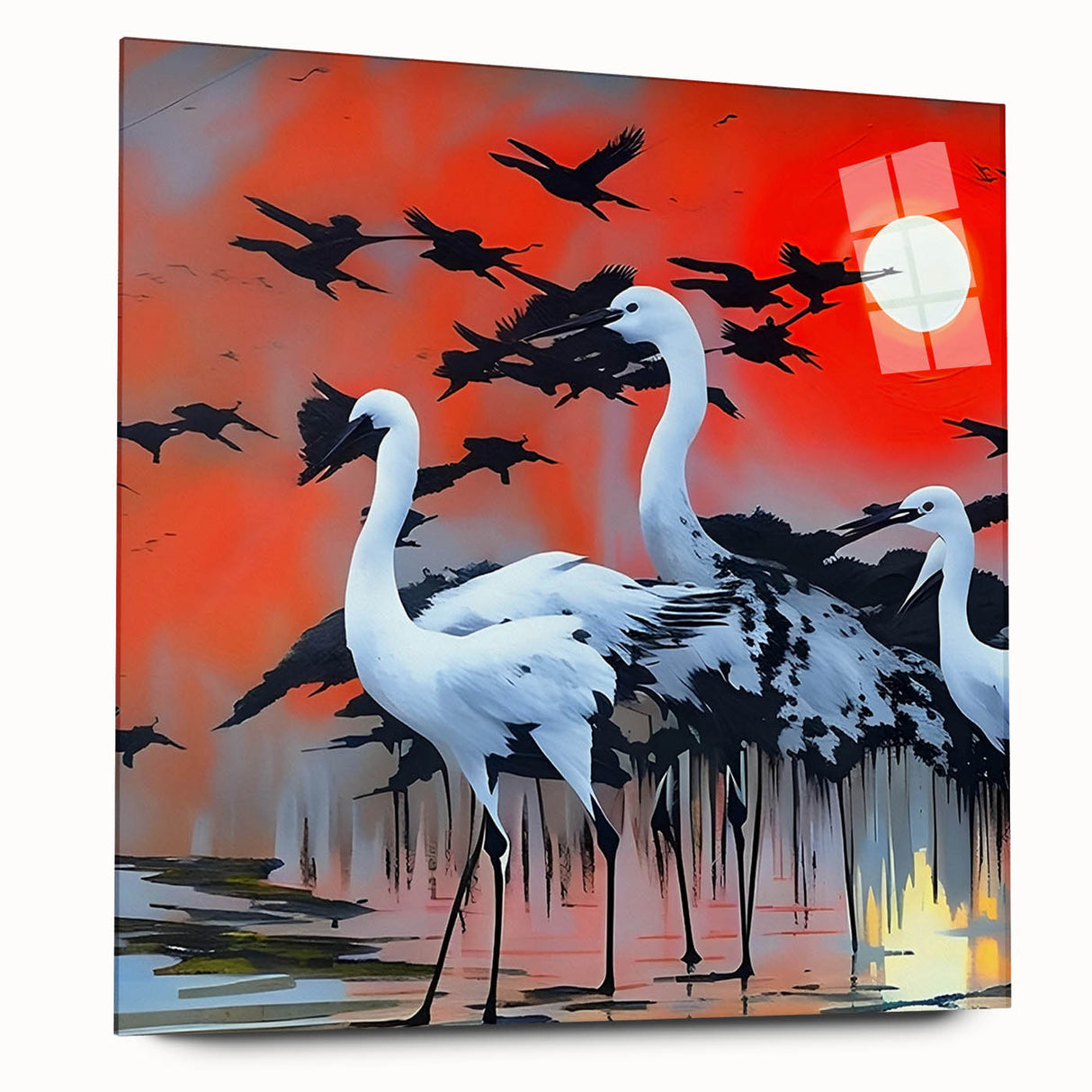 Elegant side view of a heron and egret wall art collection displayed in an acrylic glass frame, showcasing vivid colors and intricate details, perfect for enhancing home decor.