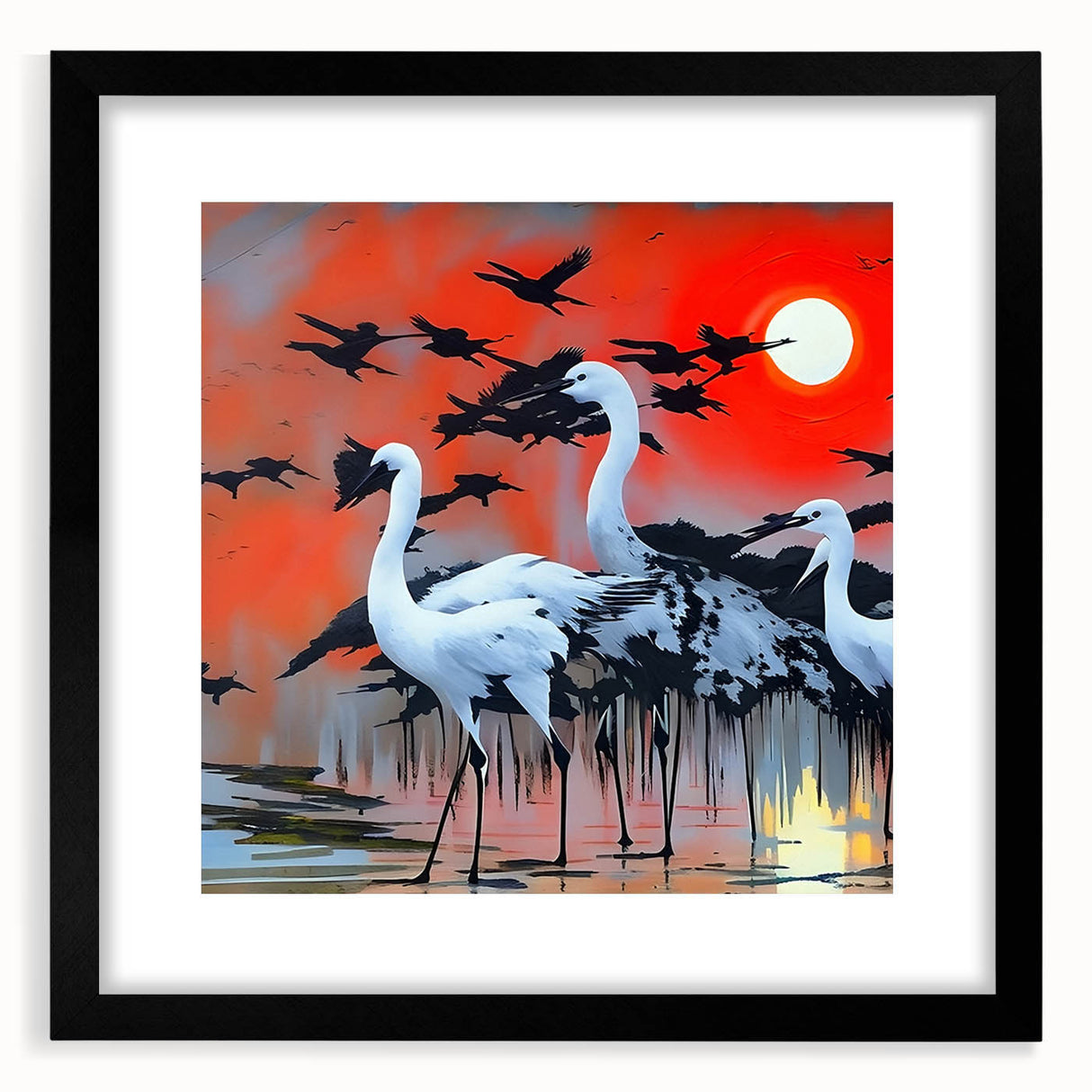 Elegant black-framed wall art collection showcasing a heron and egret design, featuring intricate details and vibrant colors, perfect for nature-themed decor.