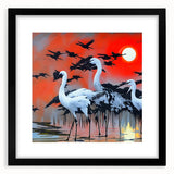 Elegant black-framed wall art collection showcasing a heron and egret design, featuring intricate details and vibrant colors, perfect for nature-themed decor.