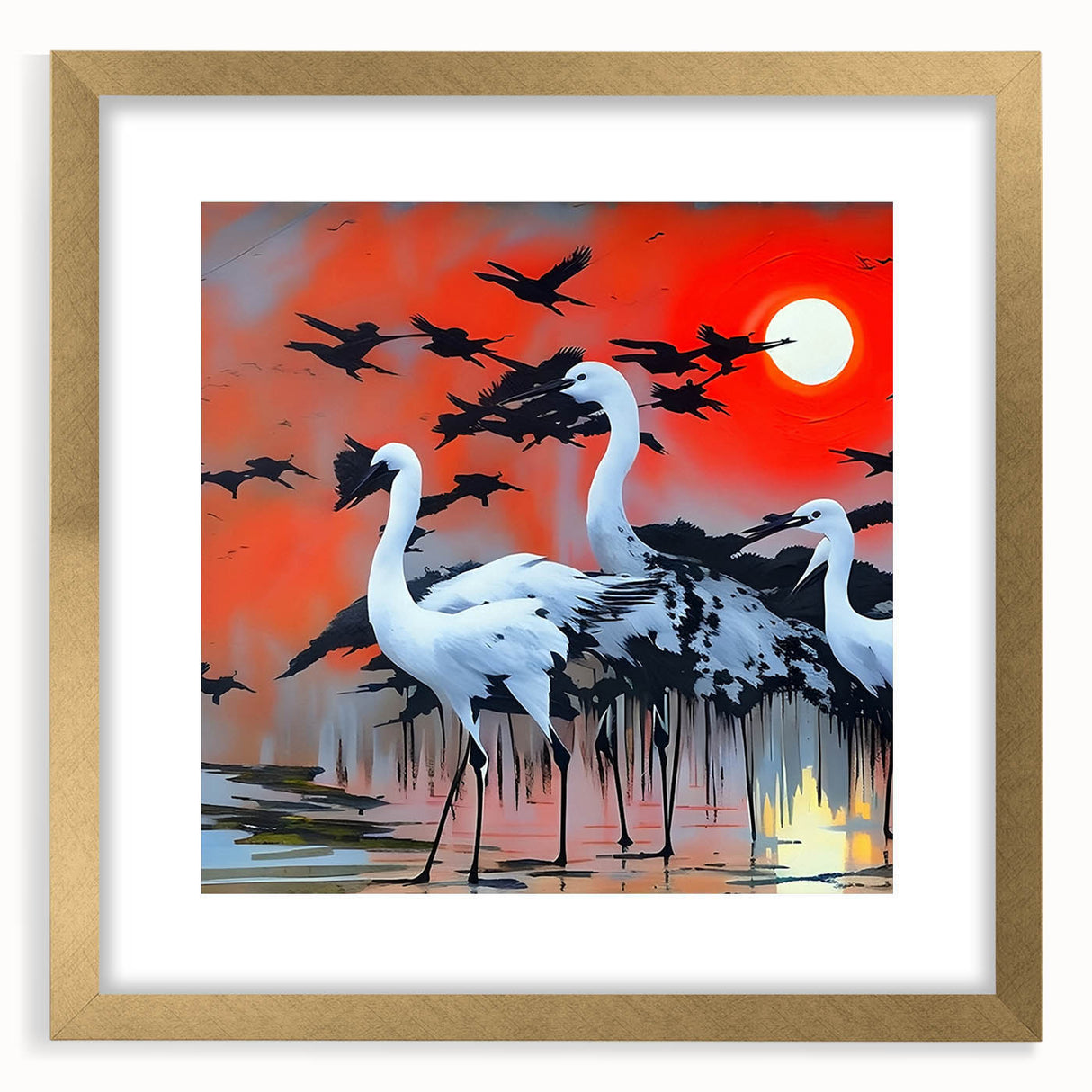 Elegant wall art featuring a heron and egret design, framed in gold with a mat, showcasing a serene nature scene perfect for home decor. Ideal for bird lovers and art enthusiasts.