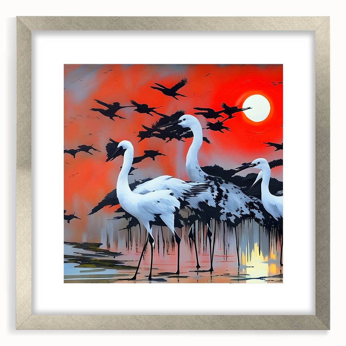 Elegant wall art featuring a heron and egret design in a silver frame with a mat, perfect for enhancing home decor. Ideal for bird lovers and nature enthusiasts.