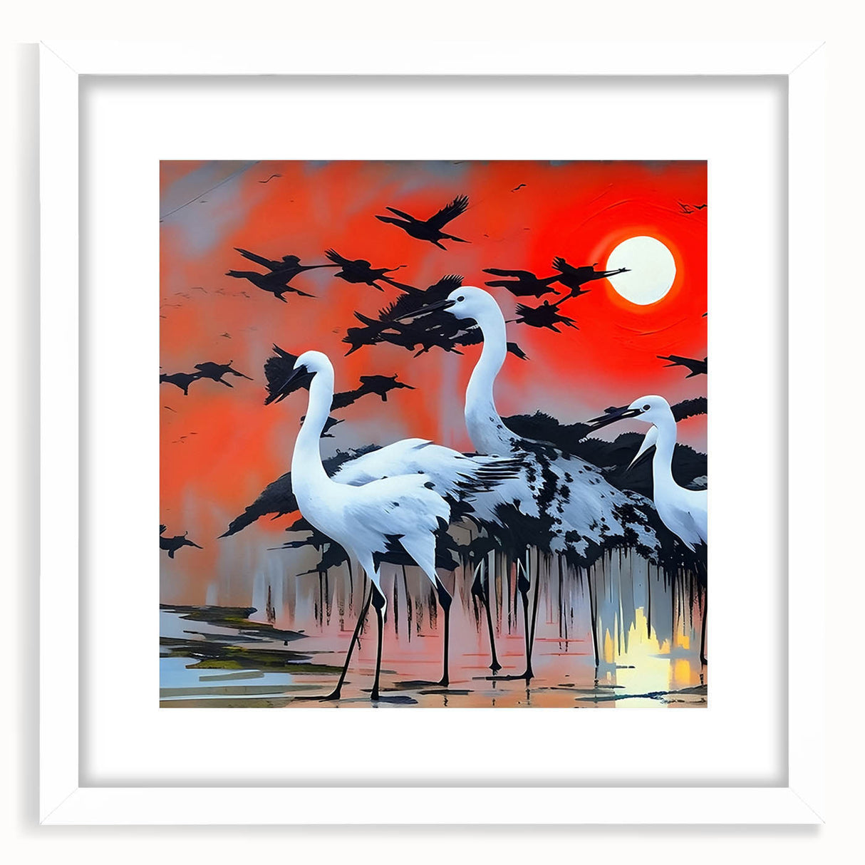 Framed wall art featuring elegant heron and egret designs on a white mat, ideal for enhancing home decor with a touch of nature's beauty. Perfect for bird lovers.