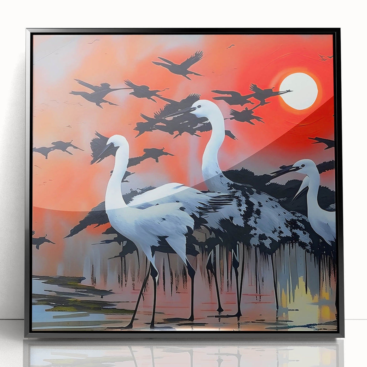 Framed wall art showcasing a heron and egret design, featuring vibrant colors on a black background, perfect for enhancing modern home decor.
