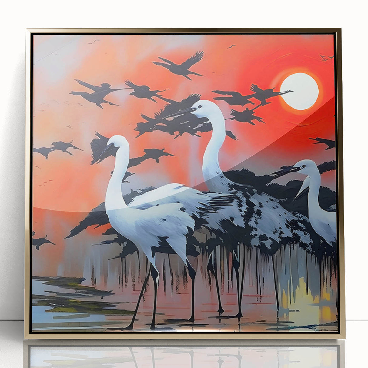 Framed wall art showcasing a heron and egret design in gold accents, perfect for adding elegance to home decor. The artwork features a clear acrylic front, enhancing its visual appeal and sophistication.