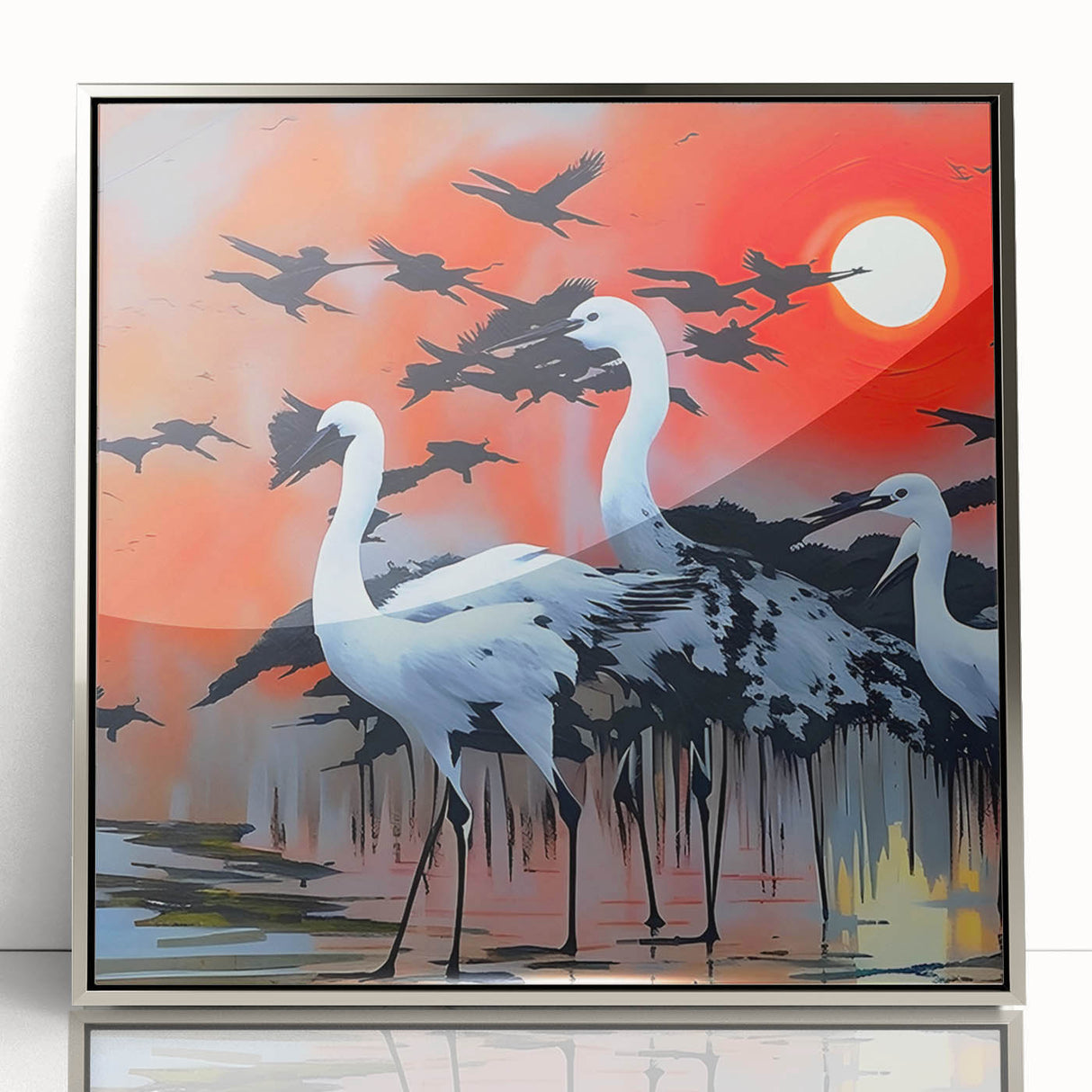 Framed wall art showcasing a stunning heron and egret design in silver acrylic, perfect for enhancing modern home decor with a touch of elegance.