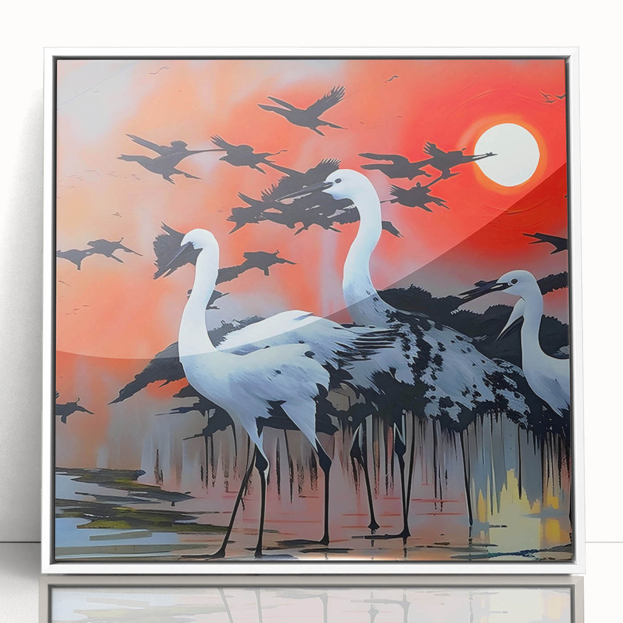 Framed wall art featuring a serene heron and egret design in elegant white, showcasing vibrant colors and intricate details, perfect for nature-inspired decor.