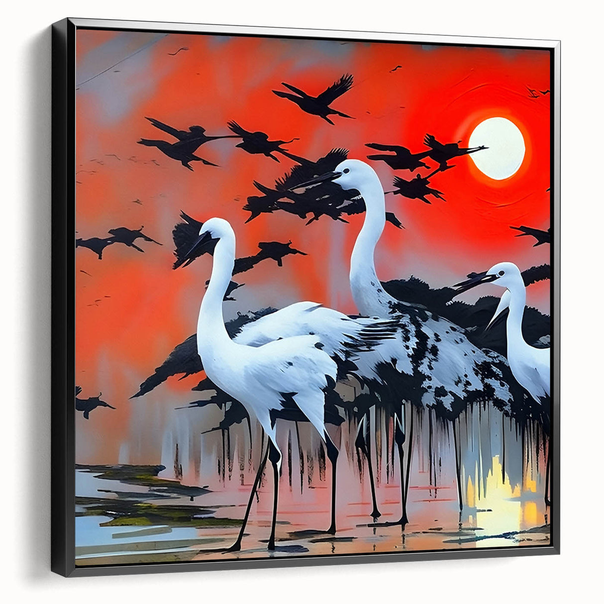 Framed wall art collection featuring elegant herons and egrets in a serene natural setting, showcasing detailed colors and textures on a black background. Ideal for enhancing home decor with a touch of wildlife elegance.