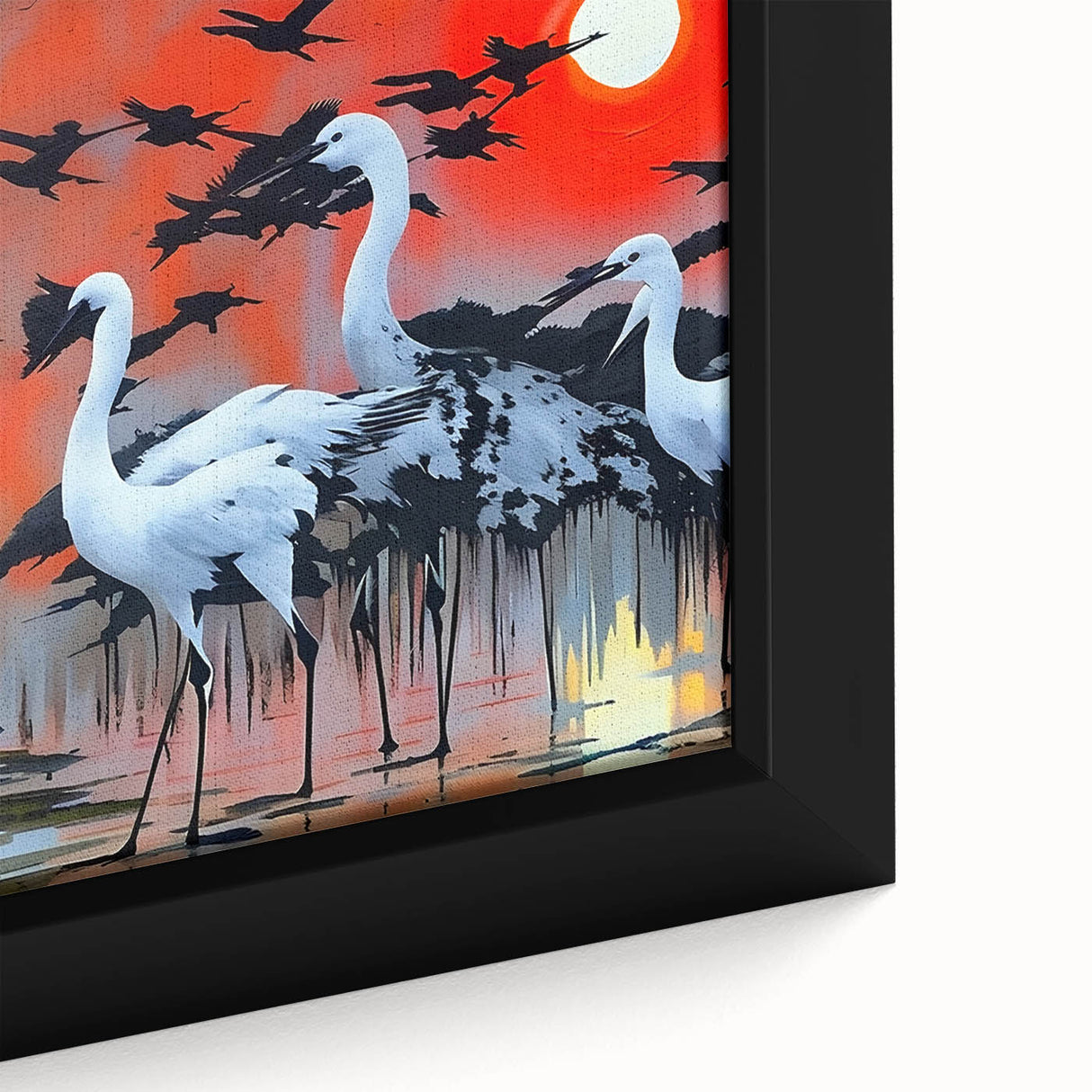Close-up of a framed wall art piece featuring a vibrant heron and egret design, showcasing intricate details and a colorful natural scene, perfect for home decor.