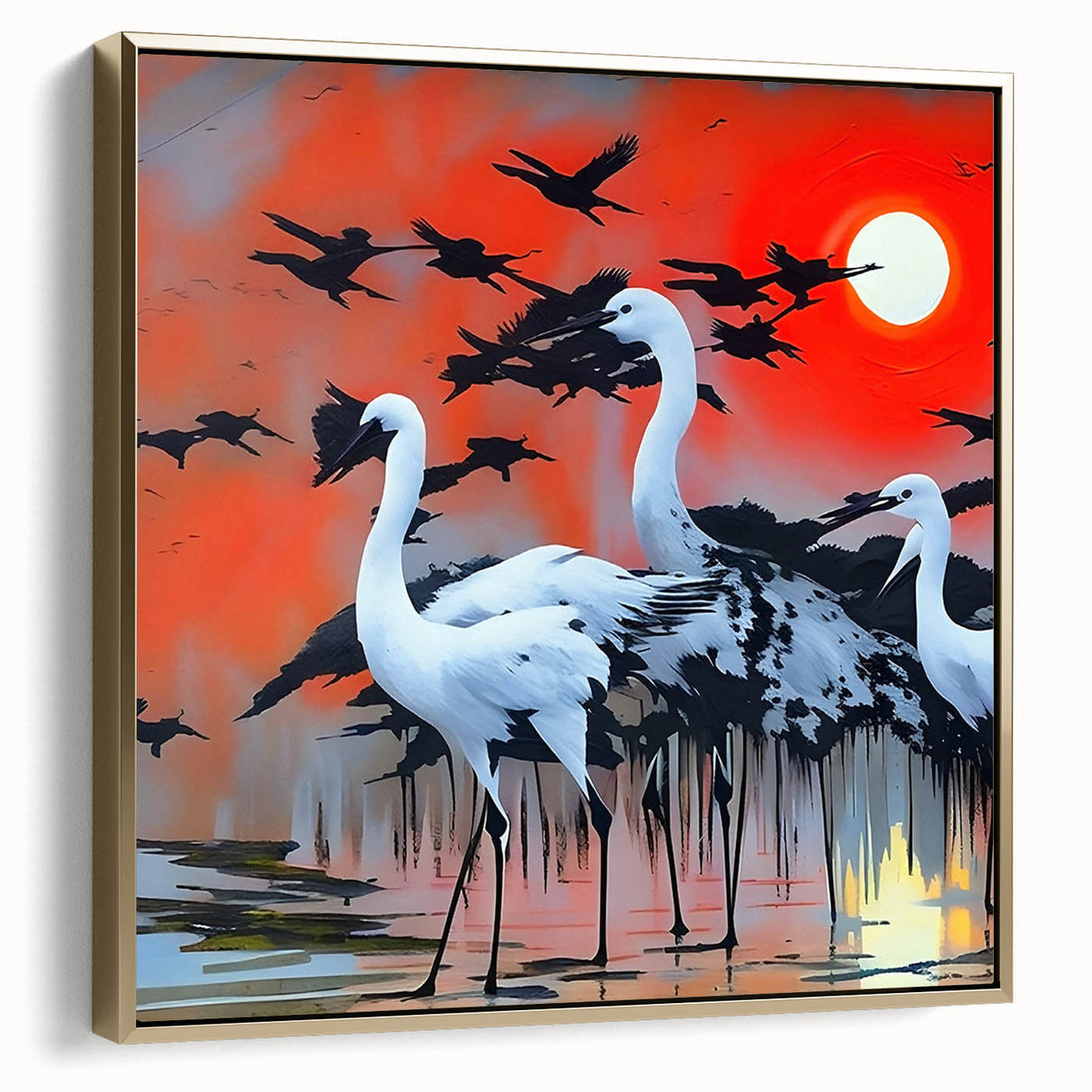 Framed wall art collection featuring elegant heron and egret designs on canvas, set in a stylish gold frame, showcasing intricate details and vibrant colors.