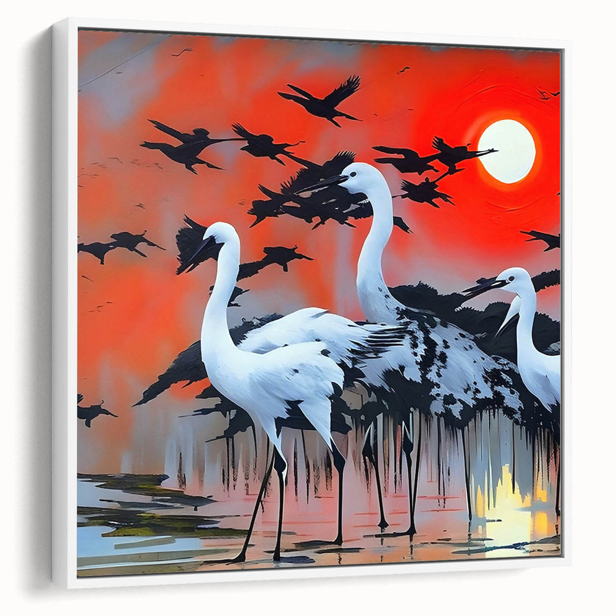 Framed wall art collection showcasing a white heron and egret design on a textured canvas, ideal for enhancing home decor with nature-inspired elegance.