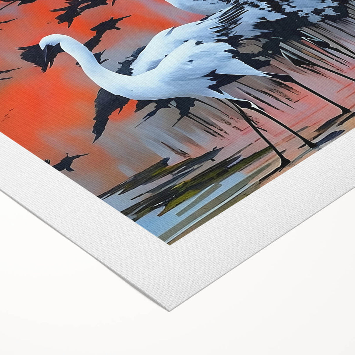 Rolled canvas artwork showcasing a serene heron and egret design, featuring vibrant colors and intricate details, ideal for enhancing home decor aesthetics.