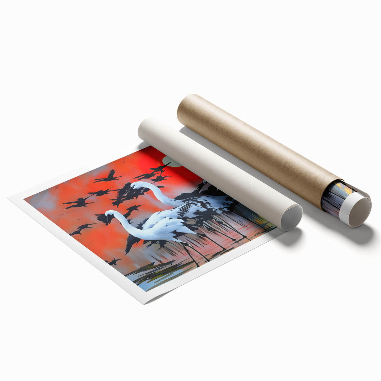 Heron and egret wall art collection showcasing intricate bird illustrations on textured canvas, elegantly rolled and packed for display in any home decor.