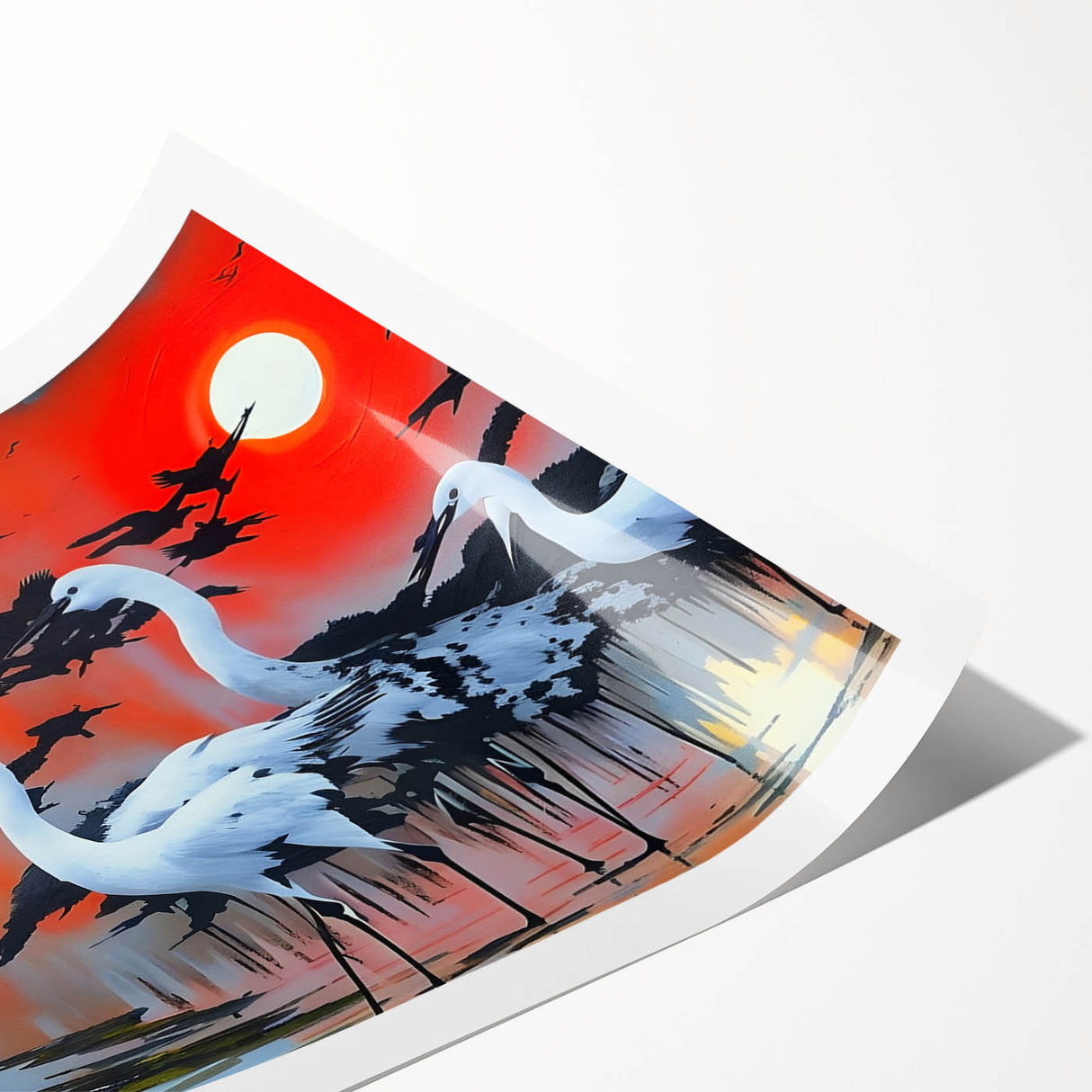 Elegant rolled wall art print featuring a heron and egret design, showcasing intricate details and vibrant colors, ideal for nature-themed decor.