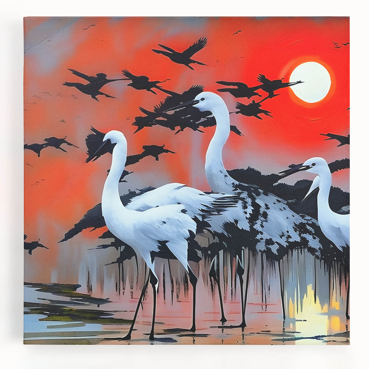 Stretched canvas wall art featuring a serene heron and egret design, showcasing delicate brushwork and natural colors, perfect for enhancing home decor.