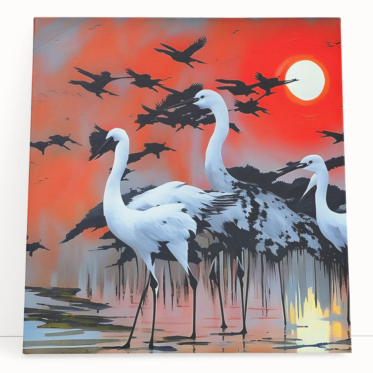 Stretched canvas artwork showcasing a serene heron and egret design with vibrant colors, perfect for enhancing modern home décor and nature-themed spaces.