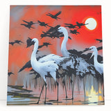 Stretched canvas artwork showcasing a serene heron and egret design with vibrant colors, perfect for enhancing modern home décor and nature-themed spaces.