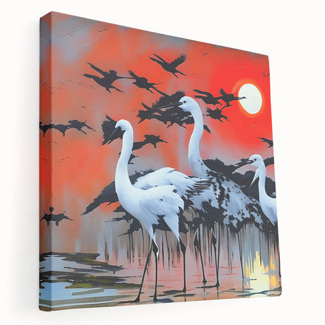 Stretched canvas wall art featuring a serene heron and egret design against a soft background, ideal for nature-themed decor in living spaces.