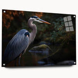 Side view of a wall art collection featuring a heron and egret design, displayed on acrylic glass with decorative pins, showcasing vibrant colors and intricate details.