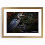 Elegant wall art featuring a heron and egret design, framed in gold with a mat, showcasing intricate details and vibrant colors, perfect for enhancing home decor.