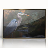 Framed wall art featuring a stunning heron and egret design in vibrant colors, set in an elegant gold frame, perfect for enhancing home decor with a nature theme.
