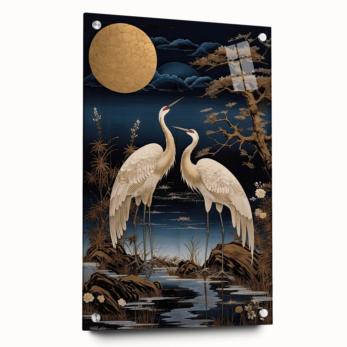 Elegant wall art collection showcasing a side view of heron and egret designs, crafted from acrylic glass with decorative pins, ideal for nature-themed decor.
