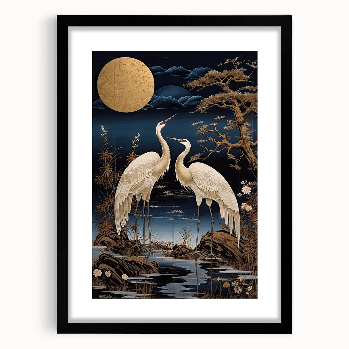 Framed wall art featuring a heron and egret design in a black frame with a mat, showcasing elegant bird illustrations that enhance home decor.