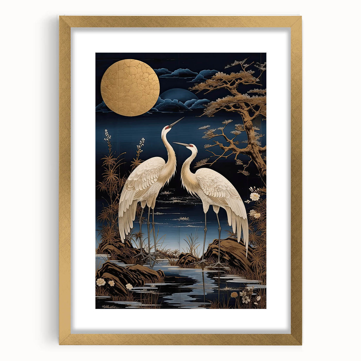 Elegant gold-framed wall art featuring a heron and egret design, showcasing intricate details and vibrant colors, perfect for enhancing home decor.
