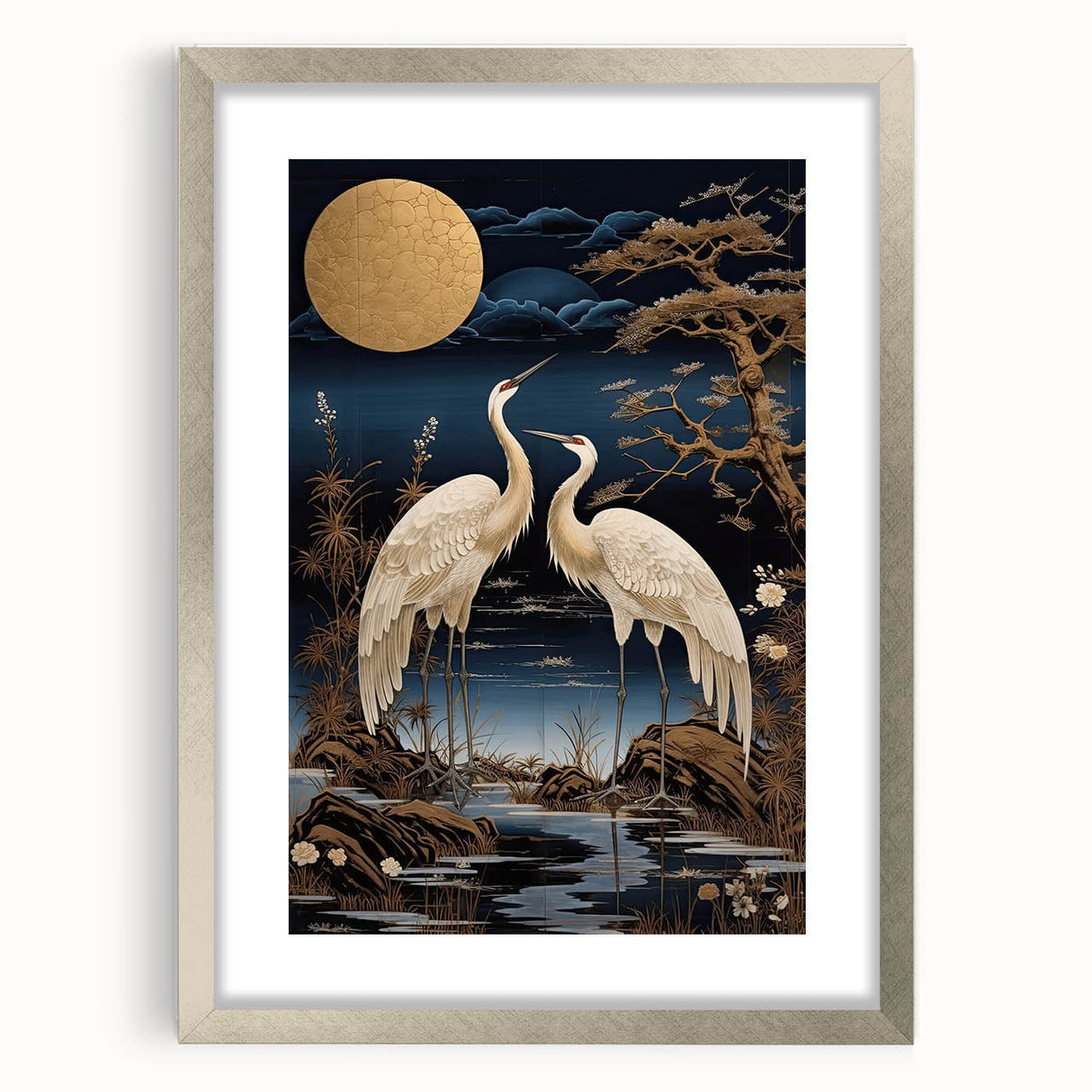 Framed wall art featuring a serene heron and egret design, displayed in a silver frame with a mat, perfect for enhancing home decor with nature-inspired elegance.