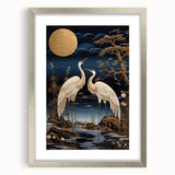 Framed wall art featuring a serene heron and egret design, displayed in a silver frame with a mat, perfect for enhancing home decor with nature-inspired elegance.